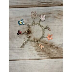 Y2K Charm Bracelet Pink Enamel Rhinestone Butterfly Heart Flower 7.5"